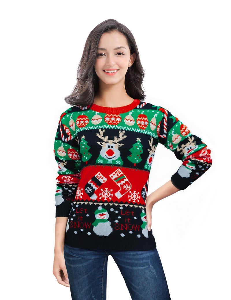 v28 Women Ugly Christmas Sweater Vintage Pullover Oversized Crew Neck Long Sleeve Knit Sweaters (Beauty Snowman Black,L) - Image 1